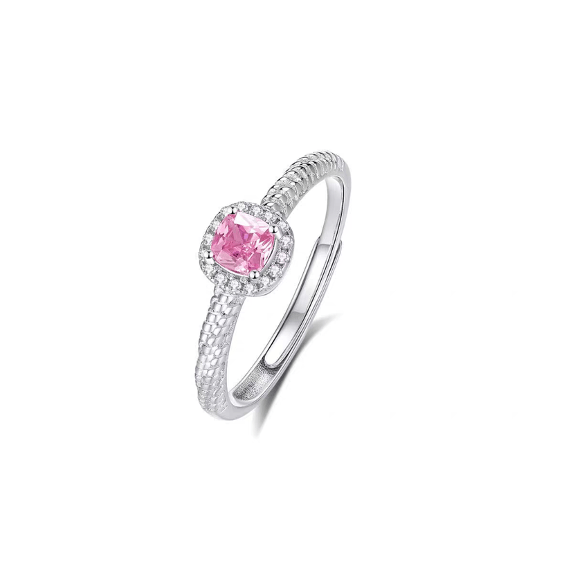 Pink Cushion Cut CZ Sterling Silver Ring | Halo Pave Twisted Band