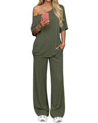 Off-Shoulder Loose Two-Piece Set | Wide-Leg Pants & Casual Top — view 5