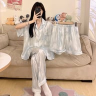 Womens Summer High-End Ice Silk Short-Sleeve Pajama Set 3 Pieces — view 13