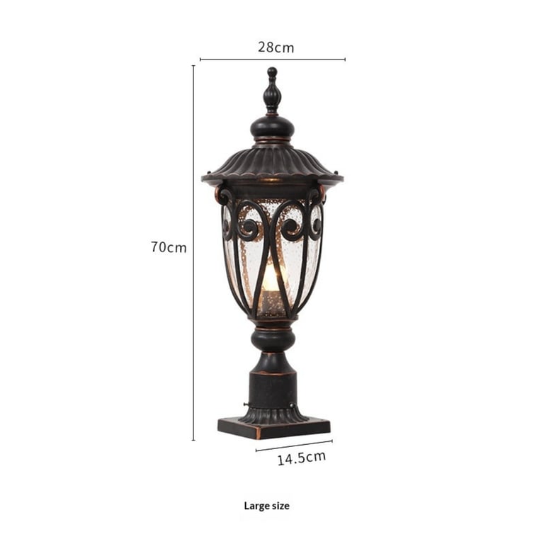 Three sizes of European column lamps shown side by side dimensions