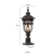 Close-up European outdoor column lamp metal construction textured glass detail