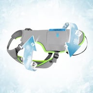 Dog cooling vest with ice packs and airflow illustration showing temperature reduction