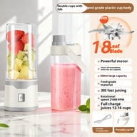 Portable blender showing 18-leaf stainless steel blade and USB charging cable