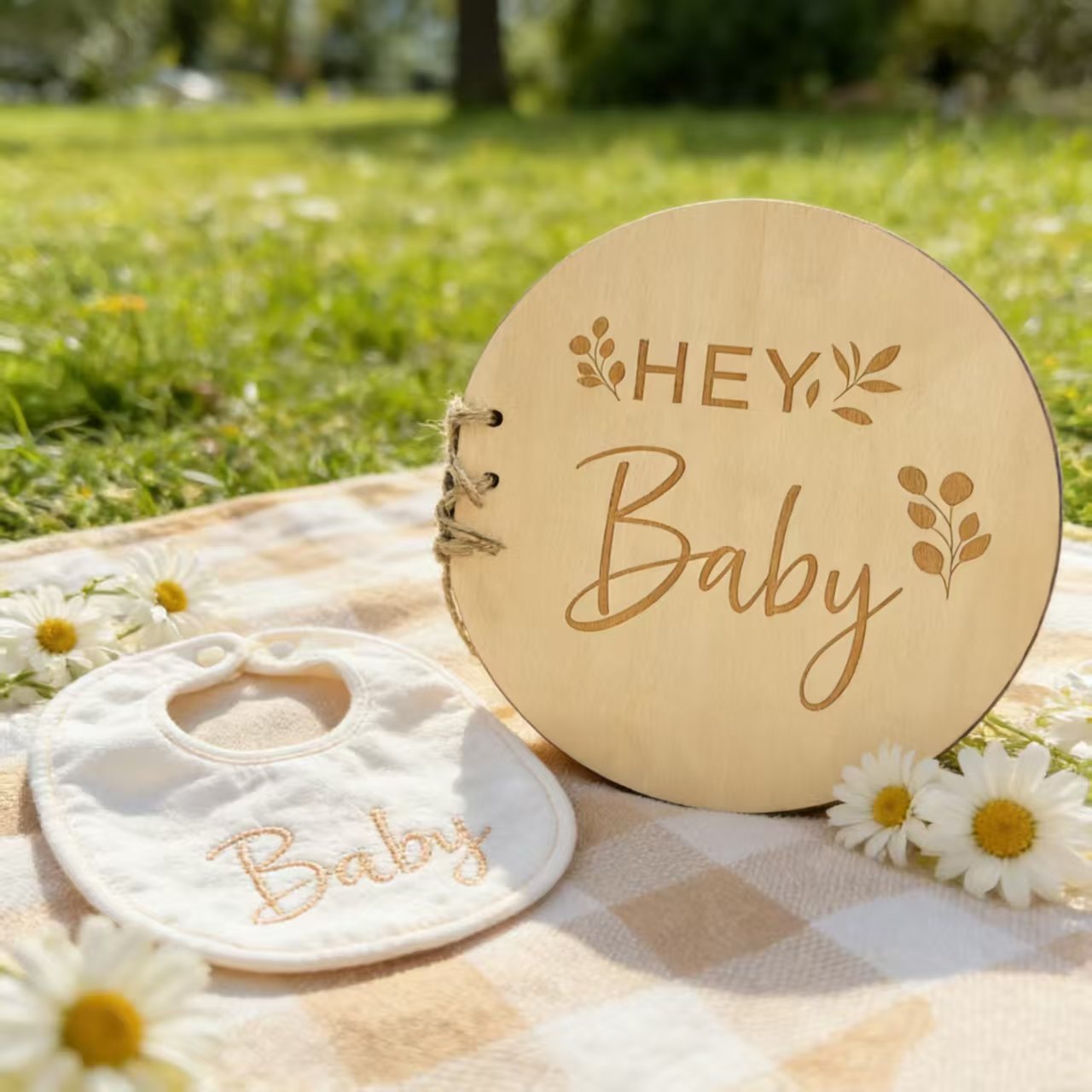Round Wooden Hey Baby Guest Book | Laser Engraved Floral Signature Book