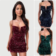 Sequined mini dress available in burgundy, navy blue, and emerald green colors