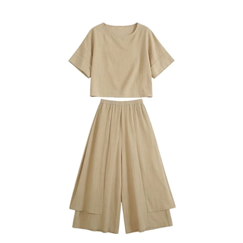 Elegant Two-Piece Women's Set: Crop Top & Wide-Leg Skirt-Trousers