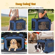 Three-door portable dog crate with happy pets inside during travel