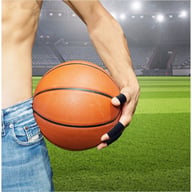 Basketball player holding ball wearing black finger compression sleeves