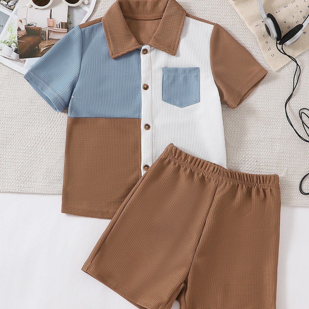 Boys Cartoon Print Waffle Knit T-Shirt & Shorts Set | Trendy