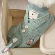 Light green dog jumpsuit with overalls and built-in leash attachment in storage basket