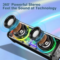 Close-up of transparent Bluetooth speaker showing internal components and LED lights