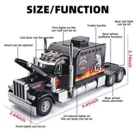 Diecast truck toy dimensions and features labeled with arrows showing interactive components