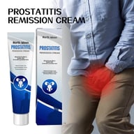 Prostatitis remission cream tube and box with man holding groin area