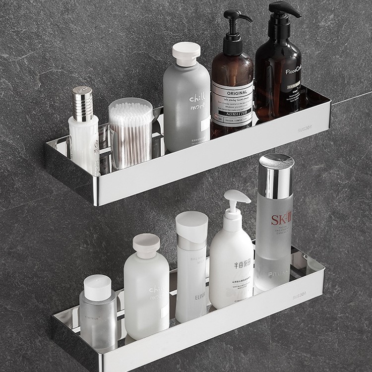 Black stainless steel bathroom mirror shelf with dimensions and mounting hardware
