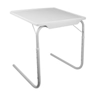 White foldable tray table with adjustable metal legs on white background