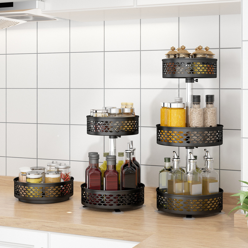 Rotating Spice Rack Carbon Steel Floor-Standing Kitchen Shelf