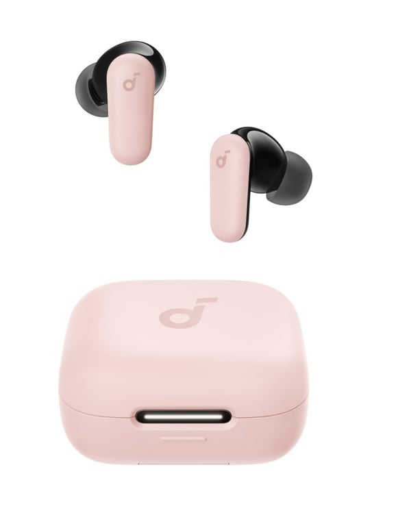 White wireless earbuds and charging case on white background