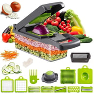 16-in-1 vegetable slicer and peeler with various cut vegetables in container
