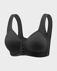 Black front closure wireless support bra displayed on white background