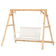 Unfinished wooden A-frame porch swing stand with metal hanging rings and chains