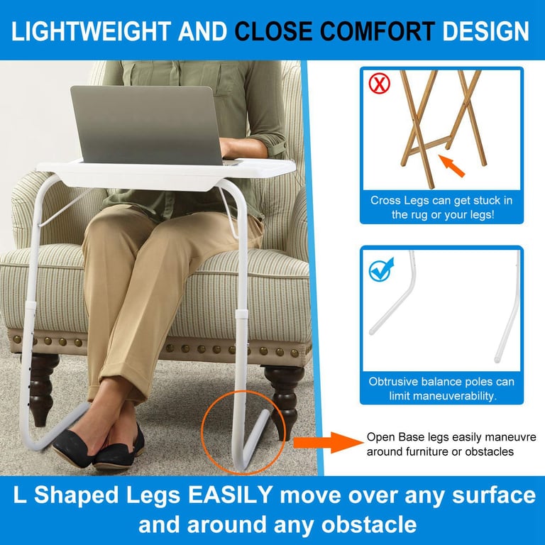 Durable foldable tray table showing reinforced metal leg construction