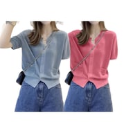 Womens Round-neck Blue Ice-silk Knitted T-shirt Top — view 17