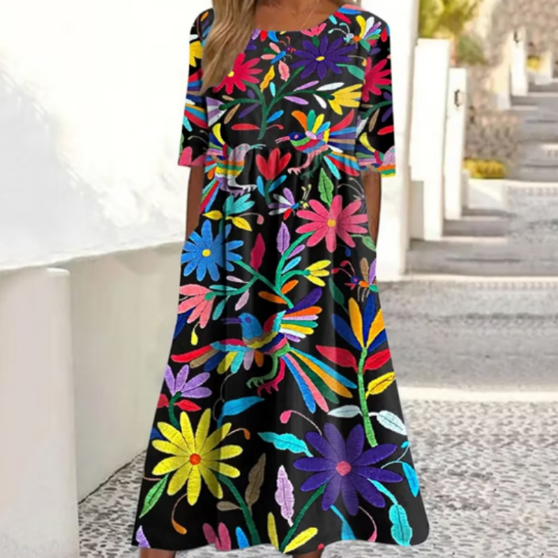 Women's Ethnic Floral Bird Cotton Linen Dress | Comfortable A-Line