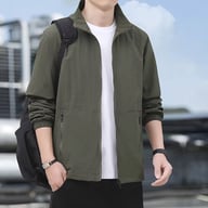 Man wearing olive stand-up collar jacket with backpack and watch