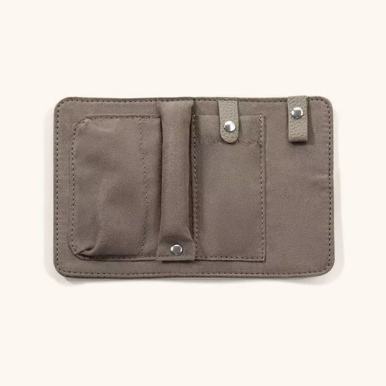 Gray jewelry organizer unfolded showing labeled compartments and ring roll