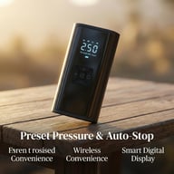 Portable digital tire air compressor with LCD display on wooden table