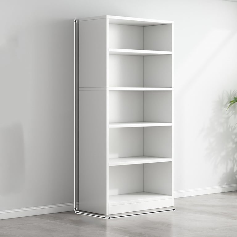 White 5-shelf bookshelf in bright rental apartment with minimal assembly required