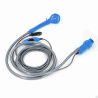 Portable car shower kit with blue pump, gray hose, and showerhead assembly