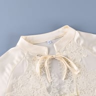 Off-White Ice-Silk Satin Lace-Trimmed Tie-Front Womens Pajama Set — view 11