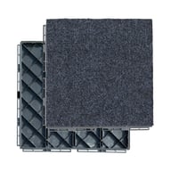 Interlocking plastic deck tiles with dark gray carpet top and grid base system