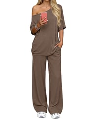 Off-Shoulder Loose Two-Piece Set | Wide-Leg Pants & Casual Top — view 12
