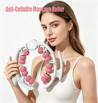 Woman holding anti-cellulite massage roller with pink ridged rollers, smiling confidently