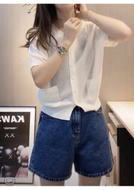 Womens Round-neck Blue Ice-silk Knitted T-shirt Top — view 8