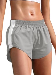 Gray high-waisted dolphin shorts with white stripe for athletic wear