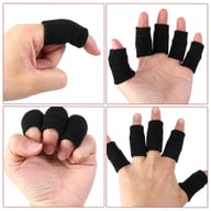 Close-up collage of finger compression sleeves on hand and individual fingers