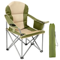 Heavy-duty camping chair with integrated cooler bag and carry bag