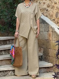 Striped Two-Piece Set | Asymmetrical Shirt & Loose Pants for Women — view 13