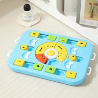 Light blue dog puzzle toy with treat dispensing and sniffing mat features