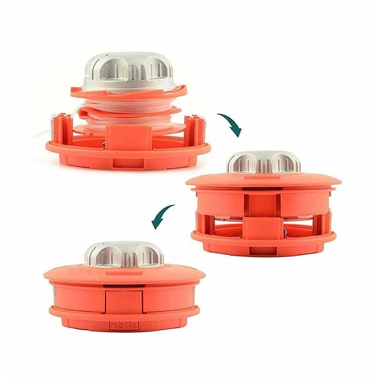Top-down view of trimmer head showing line rewind direction and spool capacity