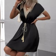 Lace-Trimmed V-Neck Waist-Cinching Dress | Casual Women's Fashion — view 6