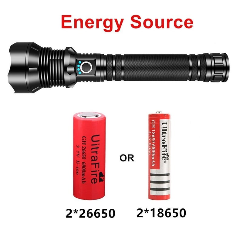 LED flashlight showing zoom in and zoom out length dimensions
