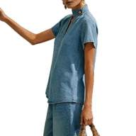 Close-up of faux denim top mandarin collar and wide-leg pants