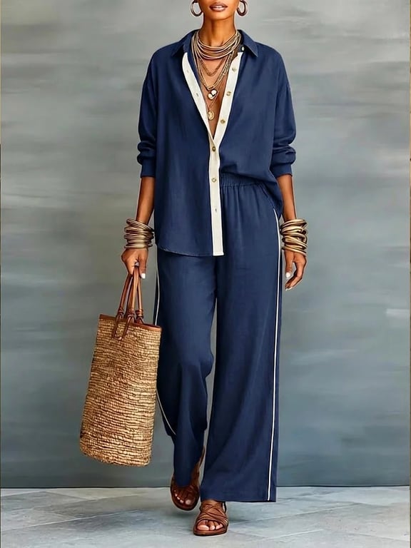 Close-up of contrast-color trim detail and linen-blend fabric quality on casual set