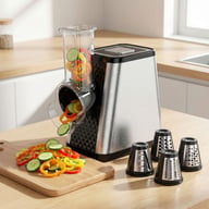 Multi-functional electric vegetable slicer with sliced vegetables on countertop