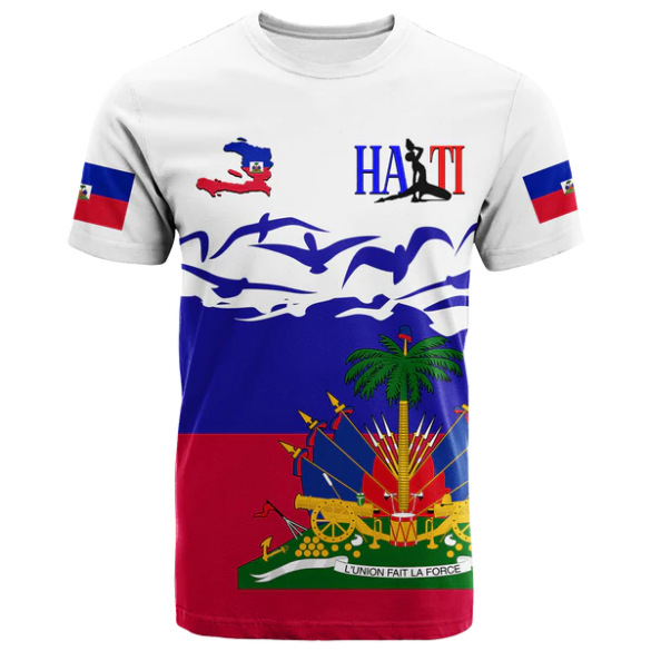 Red Haiti t-shirt with custom patterned accents and national symbols