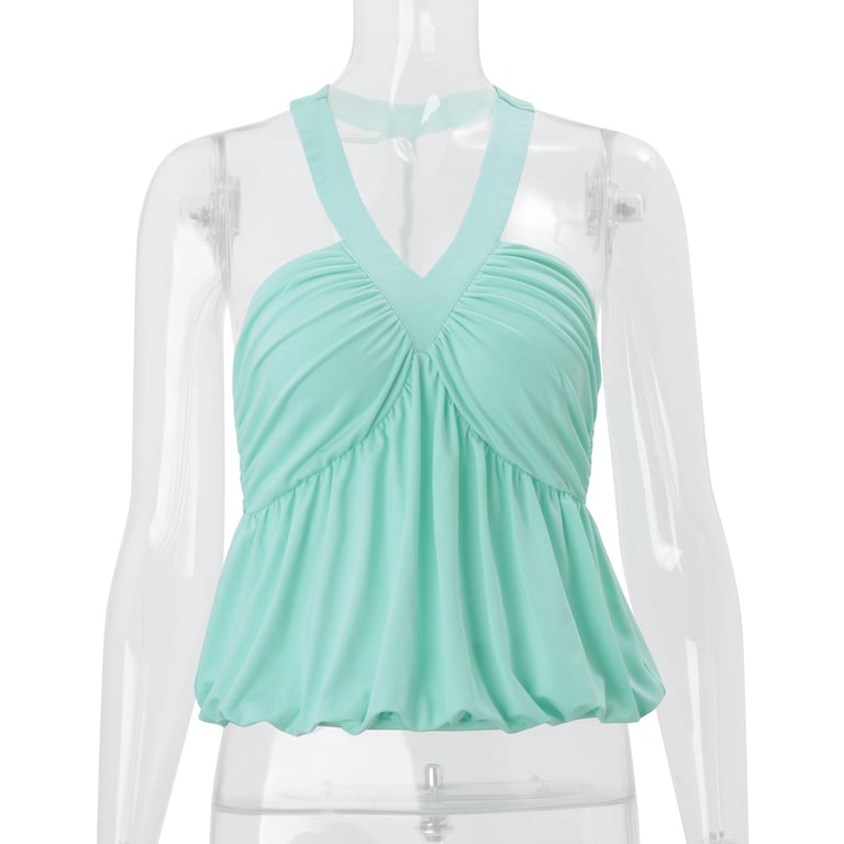 Full view of mint green ruched halter bandeau top on clear mannequin